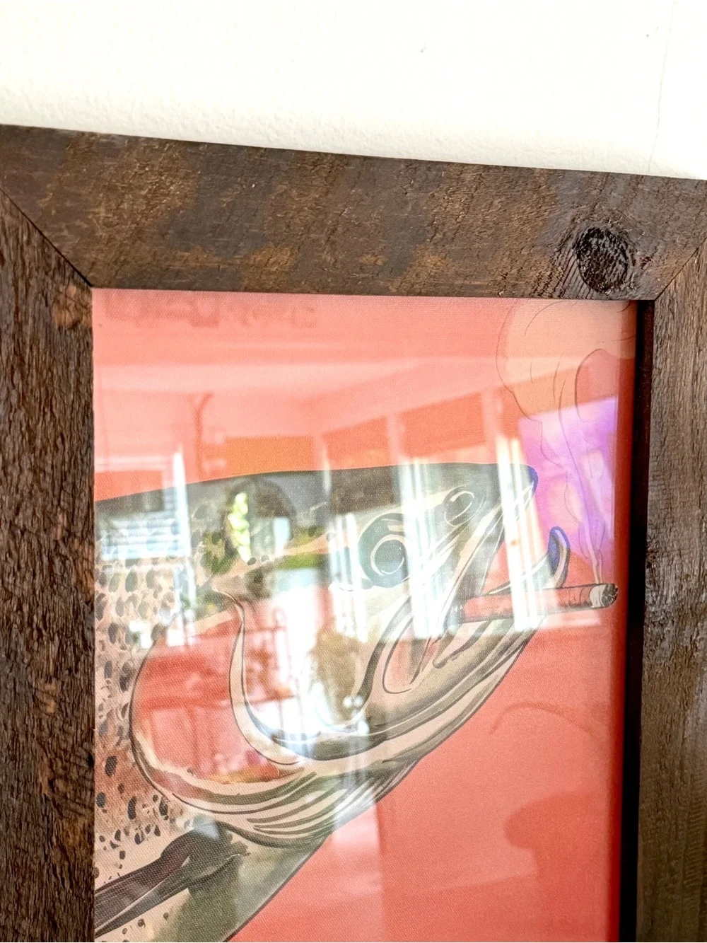 Trout Fish Smoking a Cigarette Vintage Style Canvas Wall Art Print Wood Framed
